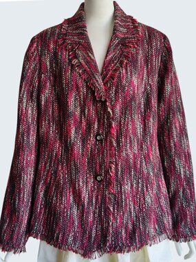 Sag Harbor Boxy Textured Tweed Fringe Trim Button Front Blazer Jacket Sz 16